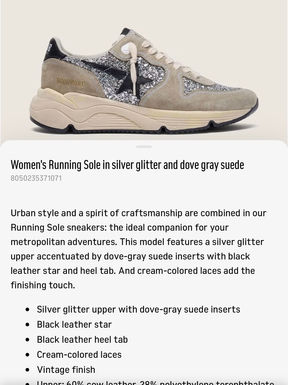 Golden Goose Running Sole Sneakers in Silver Glitter, Dove Gray Suede and Black